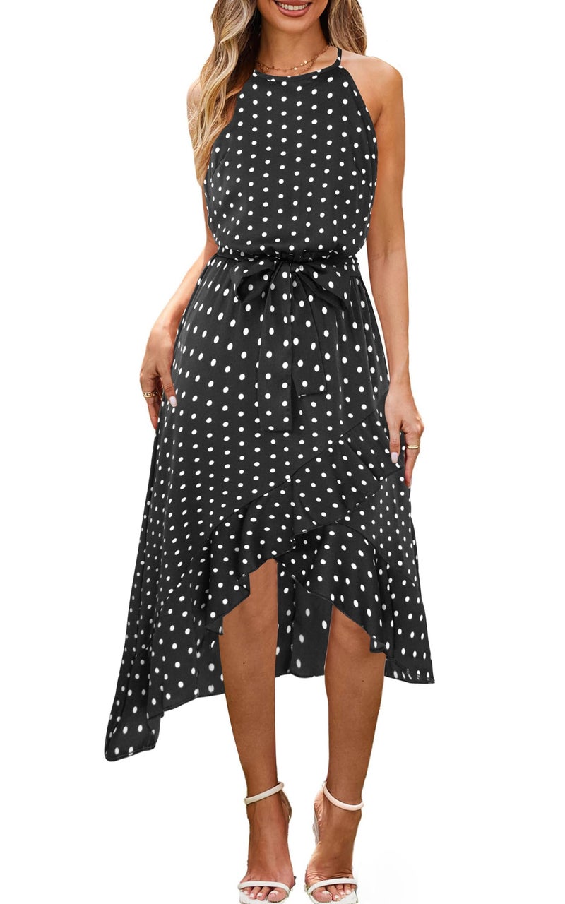 ECOWISH Polka Dot Women Summer Dress Midi A Line Ruffle High Low Sleeveless Boho Floral Halterneck Cocktail Tie Knot Sundress Black Small - Image 1